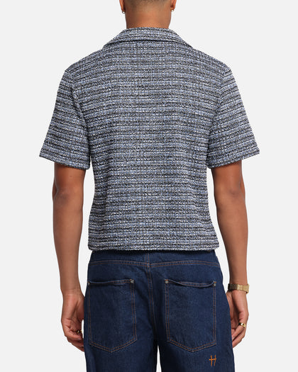 XXIII Boucle Tweed Crop Button Up Shirt Black/White/Blue