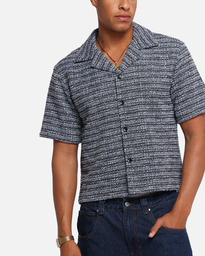 XXIII Boucle Tweed Crop Button Up Shirt Black/White/Blue