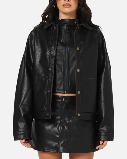 Ed Hardy Women's Vegan Leather Bomber Jacket Black