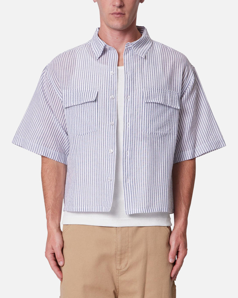MNML Cropped Boxy Stripe Button Up Shirt Blue | Culture Kings US