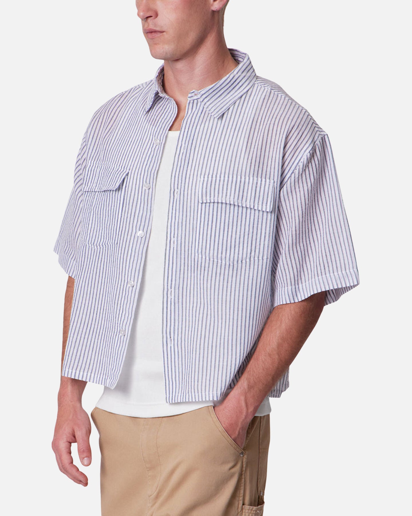MNML Cropped Boxy Stripe Button Up Shirt Blue | Culture Kings US
