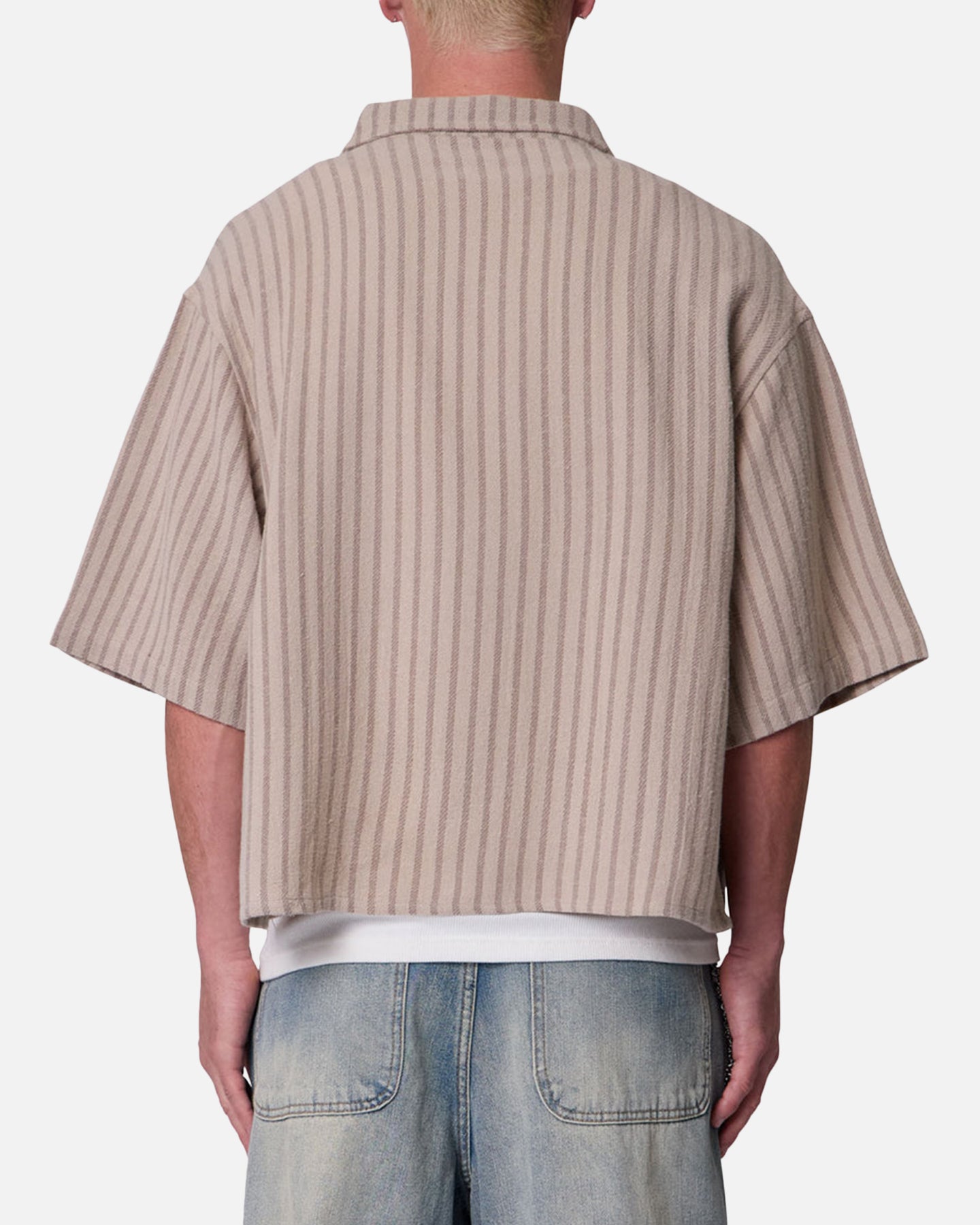 MNML Cropped Boxy Stripe Button Up Shirt Khaki | Culture Kings US