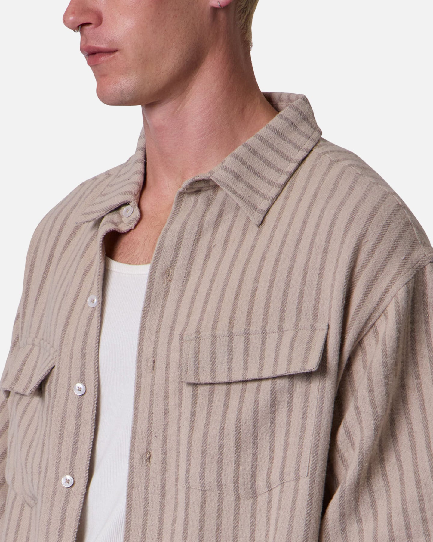 MNML Cropped Boxy Stripe Button Up Shirt Khaki | Culture Kings US