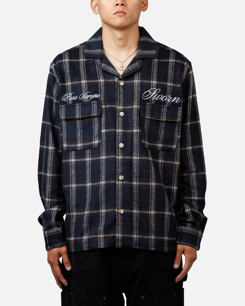 Sworn To Us Lotus Angel Flannel Button Up Shirt Navy
