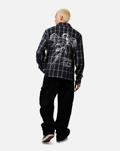 Sworn To Us Lotus Angel Flannel Button Up Shirt Navy