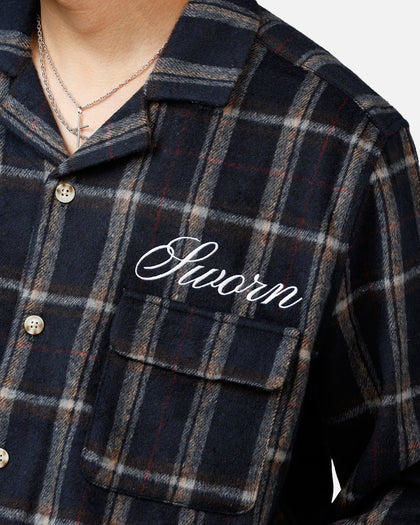 Sworn To Us Lotus Angel Flannel Button Up Shirt Navy