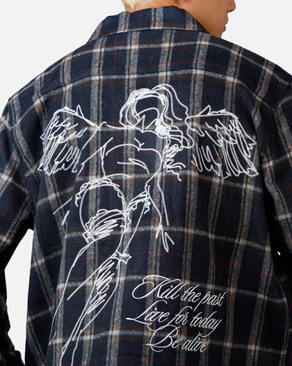 Sworn To Us Lotus Angel Flannel Button Up Shirt Navy