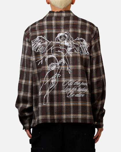 Sworn To Us Lotus Angel Flannel Button Up Shirt Brown