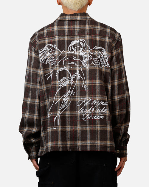 Sworn To Us Lotus Angel Flannel Button Up Shirt Brown