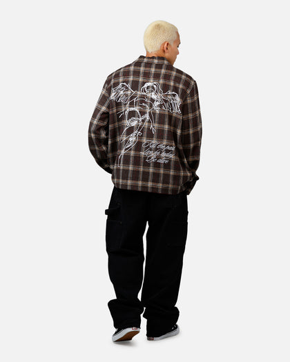 Sworn To Us Lotus Angel Flannel Button Up Shirt Brown