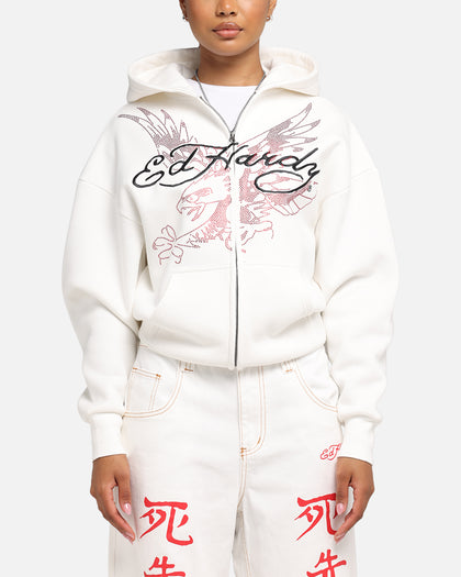 Ed Hardy Eagle Rhinestone Zip Hoodie Off White