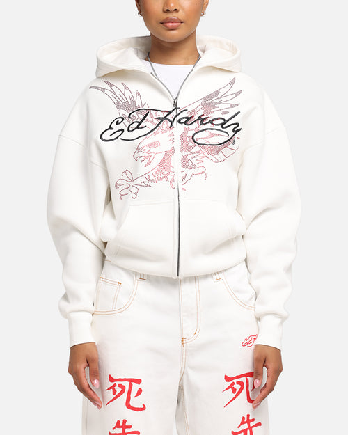 Ed Hardy Eagle Rhinestone Zip Hoodie Off White