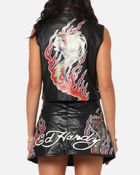 Ed Hardy Women's Vegan Leather Biker Vest Black