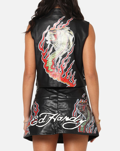 Ed Hardy Women's Vegan Leather Biker Vest Black