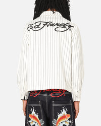 Ed Hardy Euro Button Up Shirt White Pinstripe