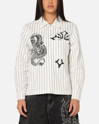 Ed Hardy Euro Button Up Shirt White Pinstripe