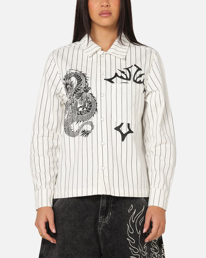 Ed Hardy Euro Button Up Shirt White Pinstripe