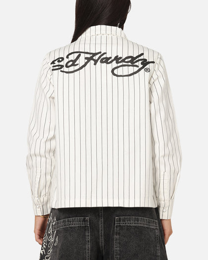 Ed Hardy Euro Button Up Shirt White Pinstripe