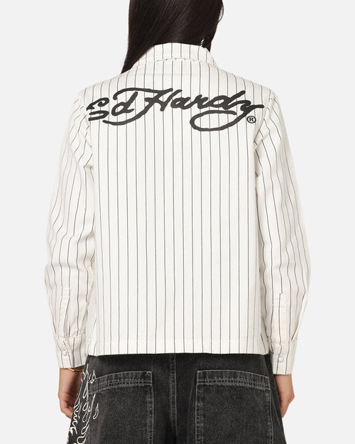 Ed Hardy Euro Button Up Shirt White Pinstripe