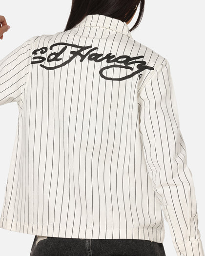 Ed Hardy Euro Button Up Shirt White Pinstripe