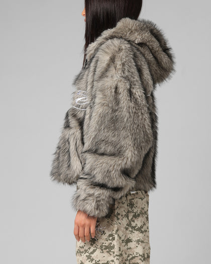 Arctic Wolf Faux Fur Grey Wolf Womens Grey Jacket With Fur Hood LMC