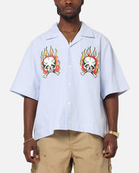Ed Hardy Flame Stripe Button Up Shirt Blue Pin Stripe
