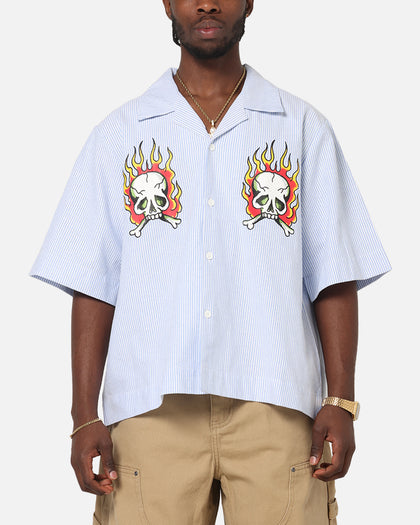 Ed Hardy Flame Stripe Button Up Shirt Blue Pin Stripe