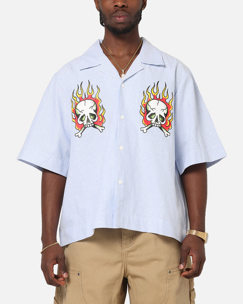 Ed Hardy Flame Stripe Button Up Shirt Blue Pin Stripe