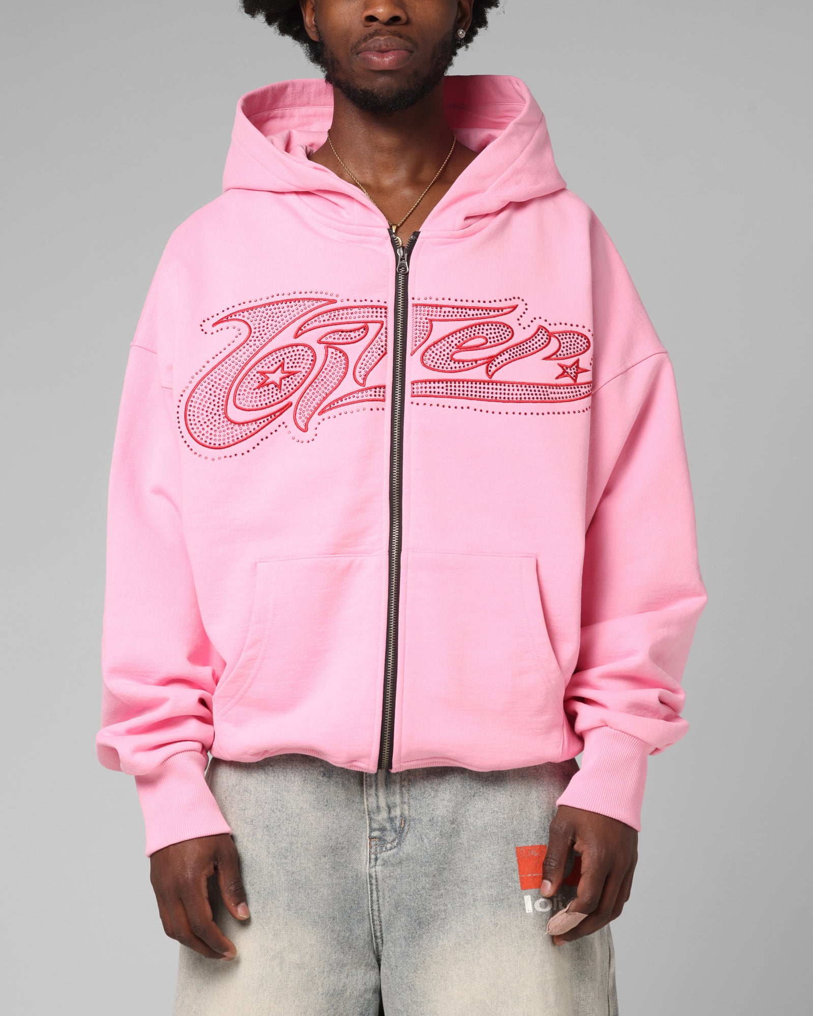 Loiter Silicone Rhinestone Zip Hoodie Pink | Culture Kings US