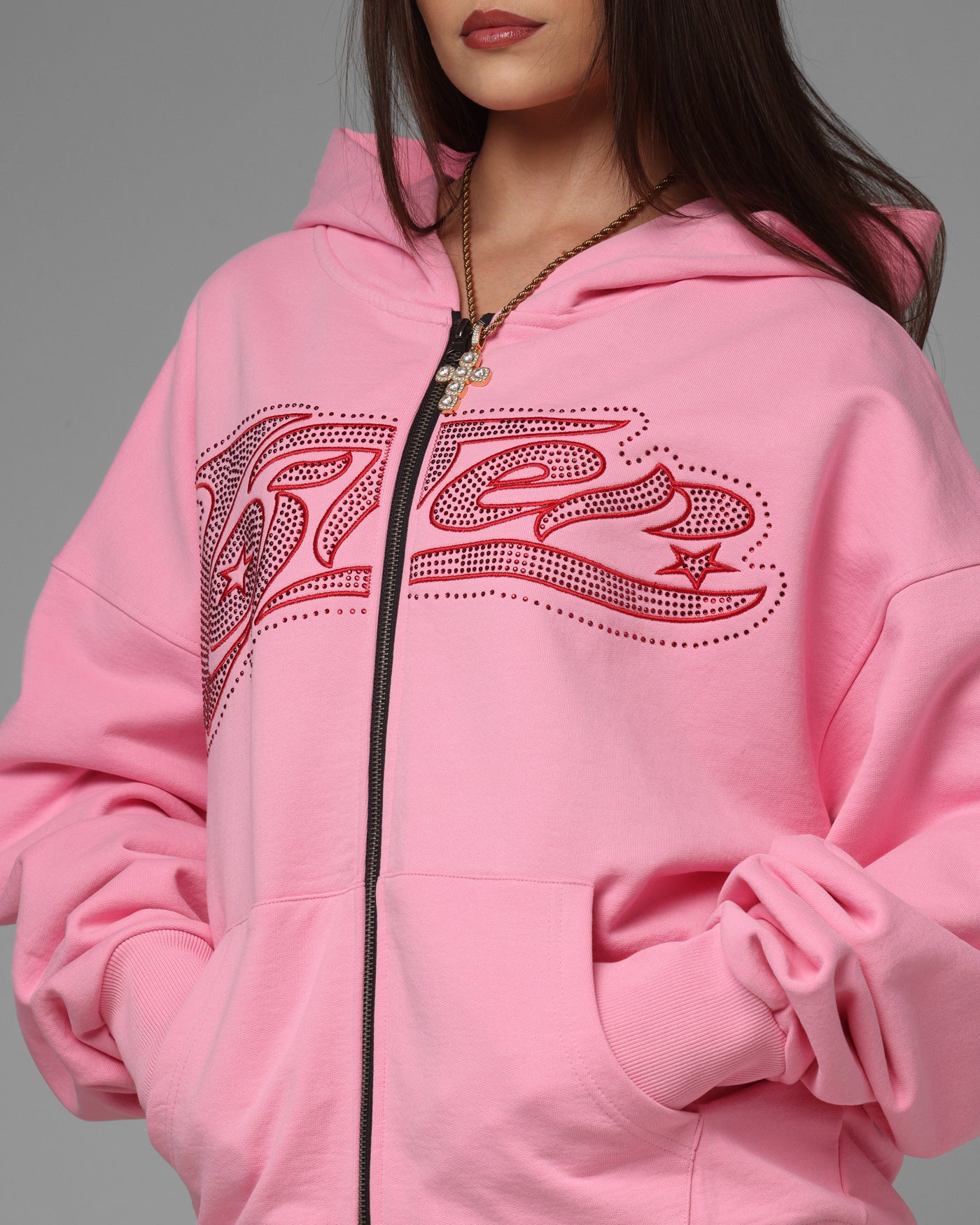 Loiter Silicone Rhinestone Zip Hoodie Pink | Culture Kings US