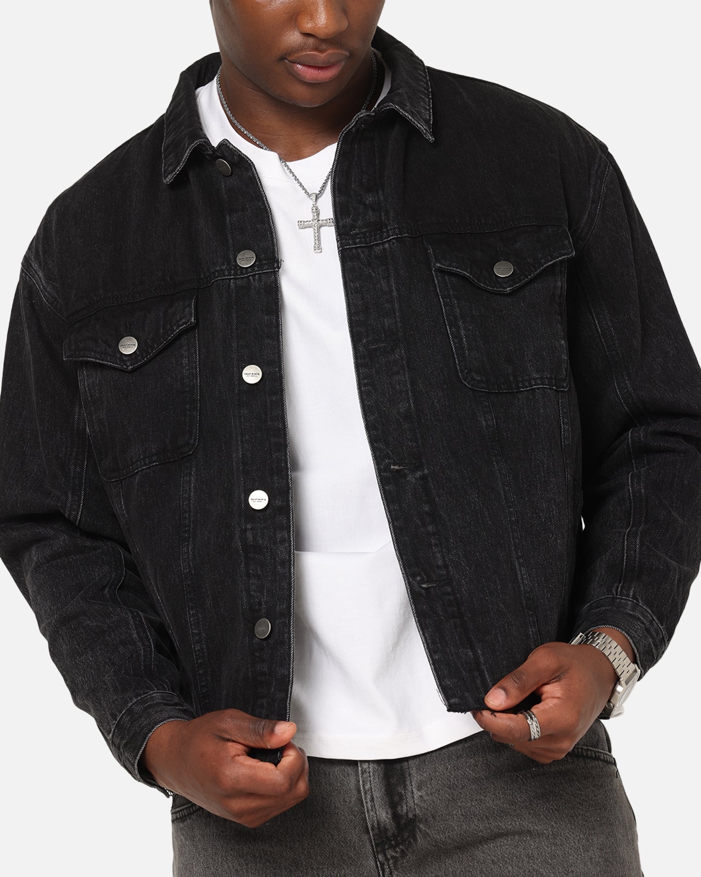 Saint Morta Daggers Cutoff Denim Jacket Vintage Black | Culture