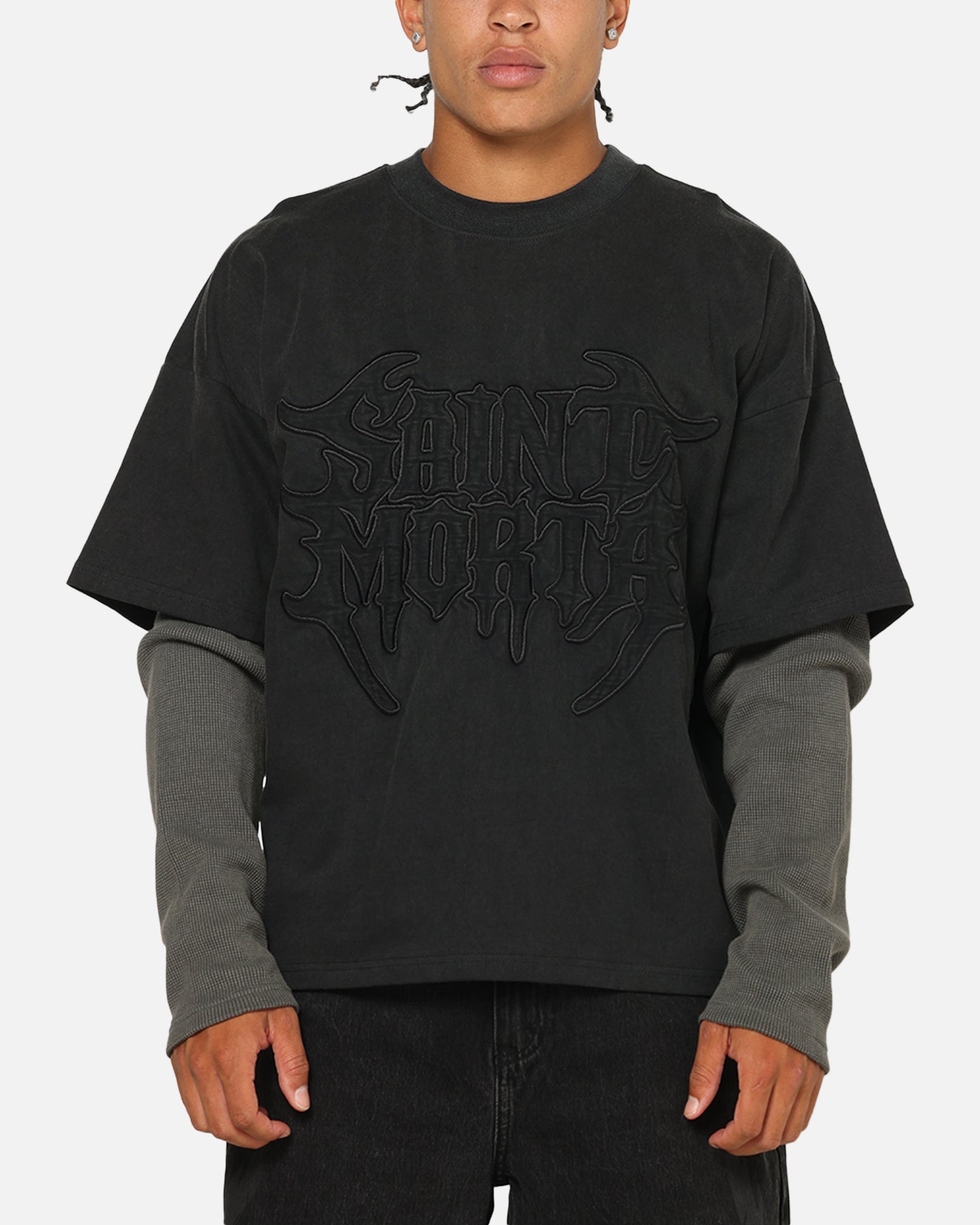 【CMMAWEAR】LS T-SHIRT / BLACK TARTAN S/M Saint Morta Crested Wing Long Sleeve Layered T-Shirt Vintage Black