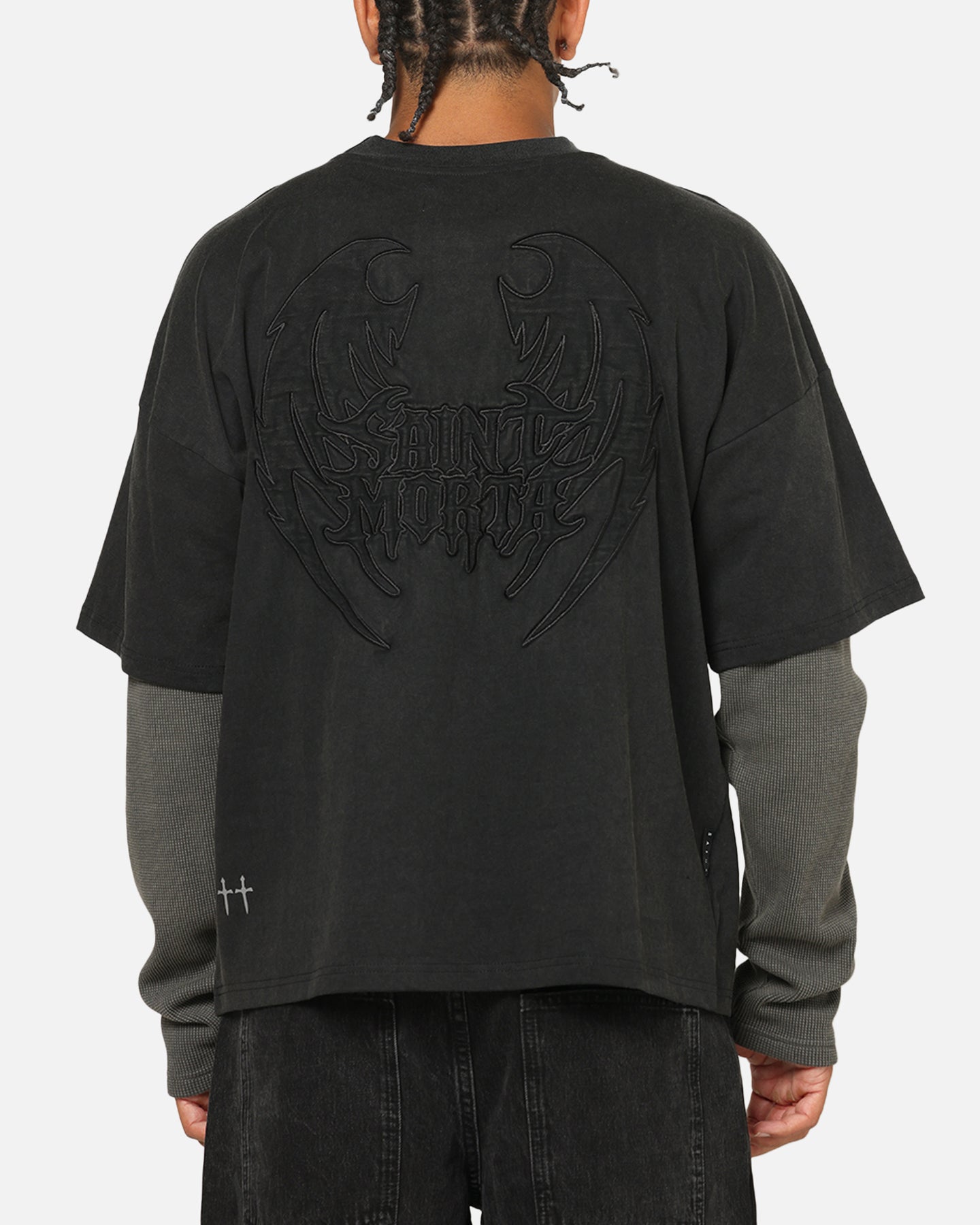 【CMMAWEAR】LS T-SHIRT / BLACK TARTAN S/M Saint Morta Crested Wing Long Sleeve Layered T-Shirt Vintage Black