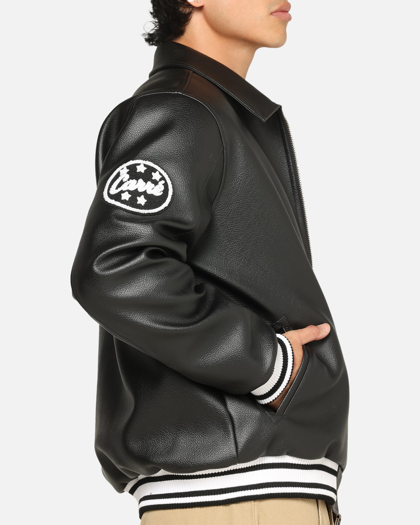 Carre Vegan Leather Varsity Jacket Black/White | Culture Kings US