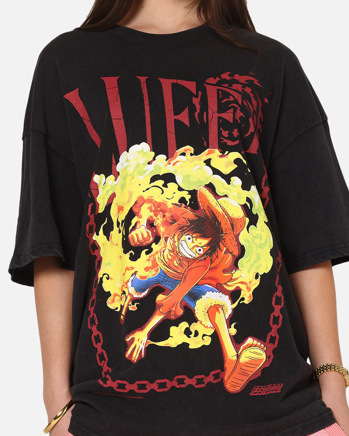 ワンピース FLUFFY SHEER H/S SHIRT ONEPIECE BLACK 73Studio X One Piece Luffy Vintage T-Shirt Off Black | Culture