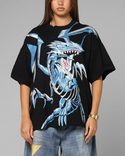 Loiter X Yu-Gi-Oh! Blue Eyes White Dragon Rhinestone T-Shirt Black