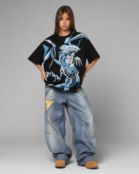 Loiter X Yu-Gi-Oh! Blue Eyes White Dragon Rhinestone T-Shirt Black