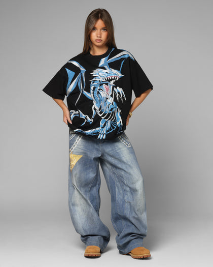 Loiter X Yu-Gi-Oh! Blue Eyes White Dragon Rhinestone T-Shirt Black