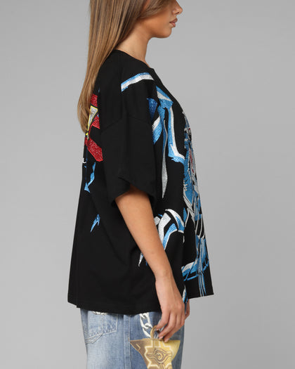 Loiter X Yu-Gi-Oh! Blue Eyes White Dragon Rhinestone T-Shirt Black