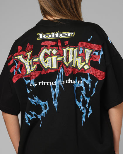 Loiter X Yu-Gi-Oh! Blue Eyes White Dragon Rhinestone T-Shirt Black