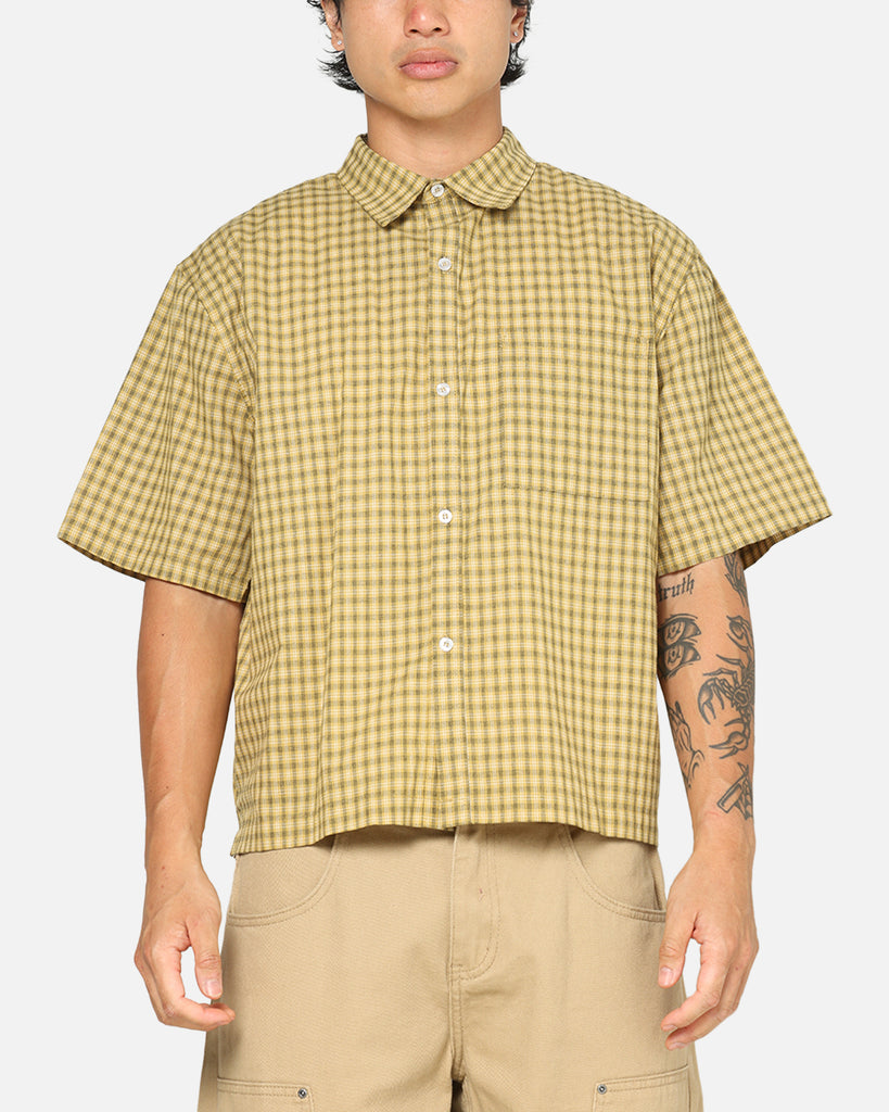 mens yellow gingham dress shirt Comfort Stretch Non-Iron Check Dress Shirt With Contrast Trim - Yellow