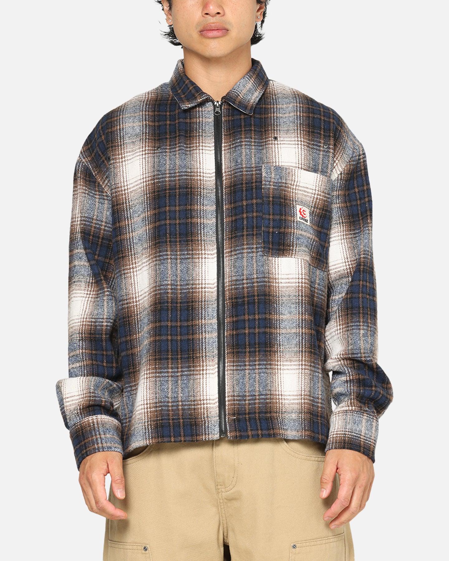 Carre Ombre Zip Up Long Sleeve Shirt Black Plaid | Culture Kings US
