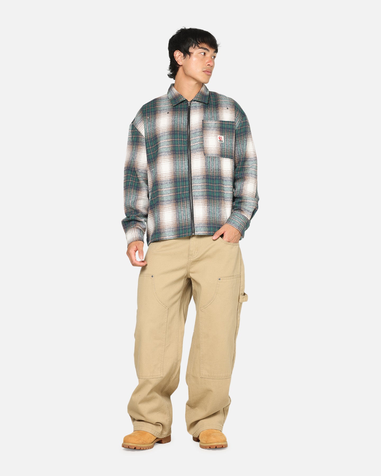 Carre Ombre Zip Up Long Sleeve Shirt Green Plaid | Culture Kings US
