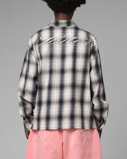 Loiter Heaven Distressed Flannel Button Up Shirt Black/White