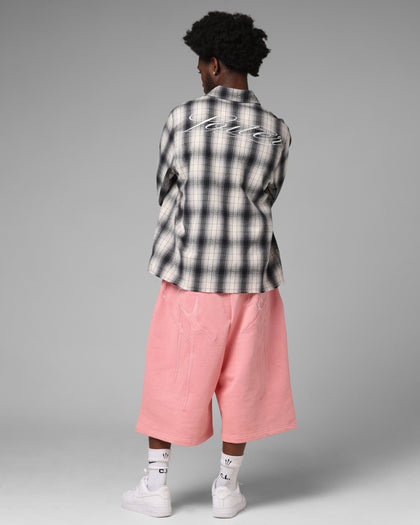 Loiter Heaven Distressed Flannel Button Up Shirt Black/White