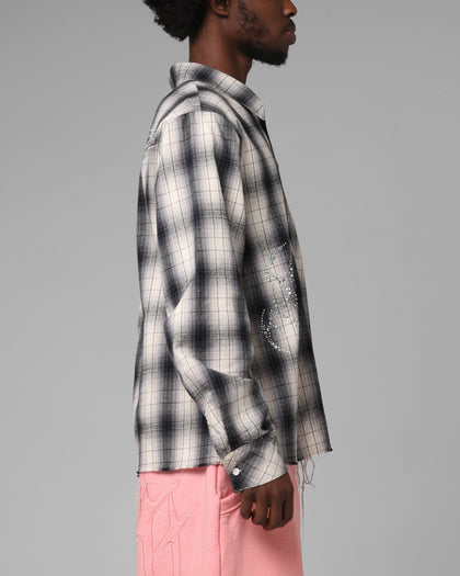 Loiter Heaven Distressed Flannel Button Up Shirt Black/White