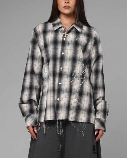 Loiter Heaven Distressed Flannel Button Up Shirt Black/White