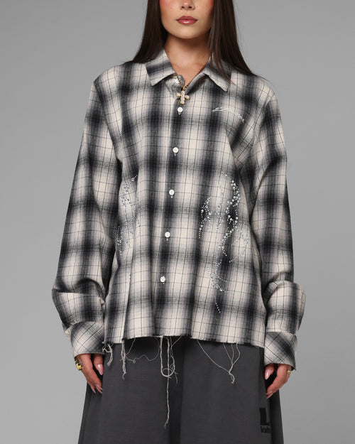 Loiter Heaven Distressed Flannel Button Up Shirt Black/White