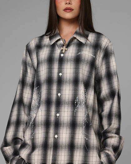 Loiter Heaven Distressed Flannel Button Up Shirt Black/White