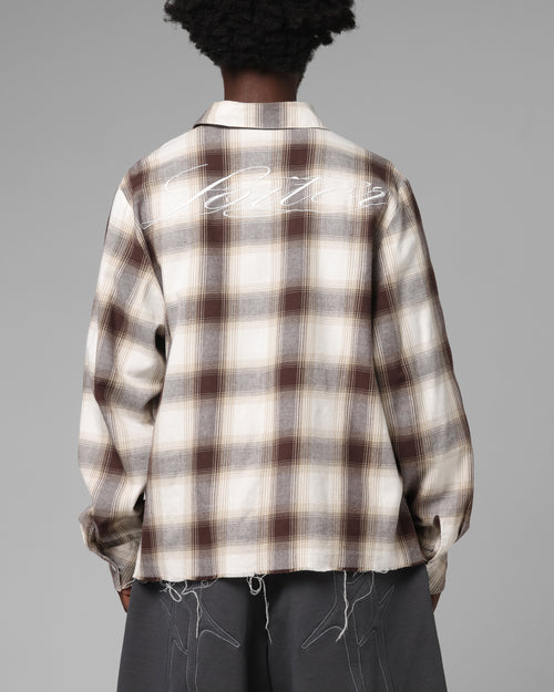 Loiter Heaven Distressed Flannel Button Up Shirt Brown/Beige